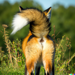 DALL·E 2023-03-09 19.47.00 - a red fox lifting its tail raised high up presenting a  rear view...png