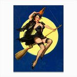 Witch Riding A Broomstick Pin Up Girl, Halloween, Full Moon, Retro Vintage Art Canvas Print.jpg